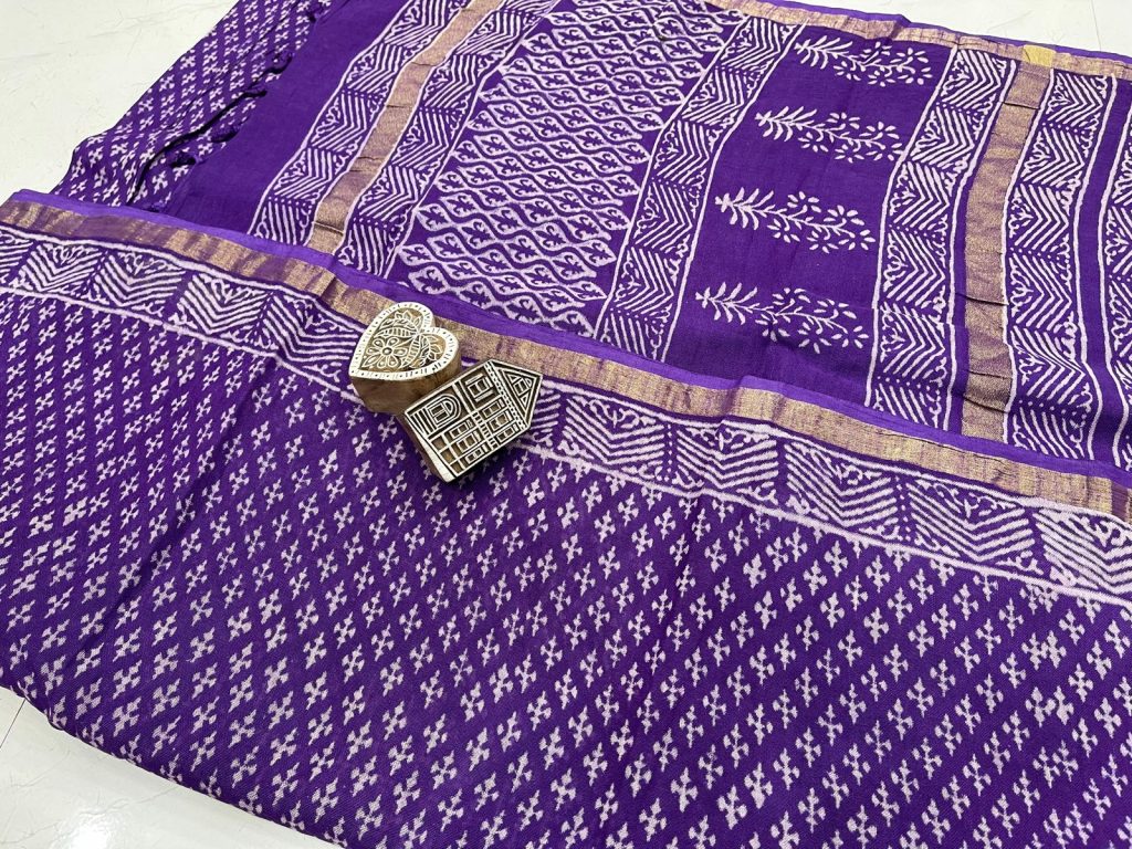 Violet jaipuri print linen saree with blouse