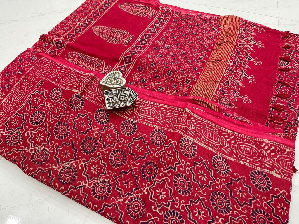 Crimson red bagru print linen saree with blouse