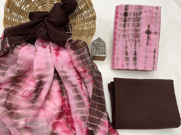 Pink shibori print cotton suit with chiffon dupatta
