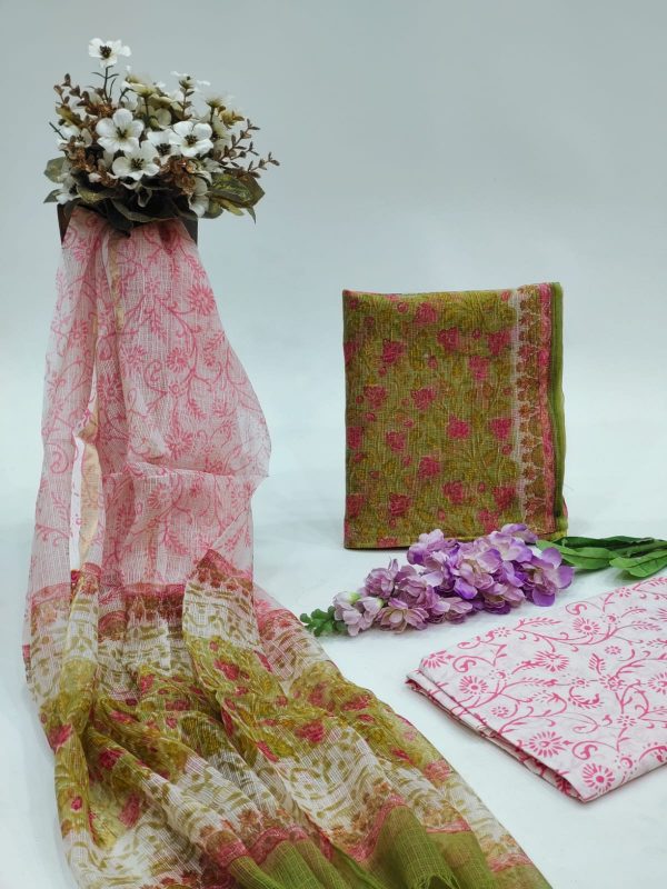Olive and pink floral print kota doriya suit