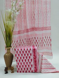 Lite pink and white bagru print mumul dupatta suit