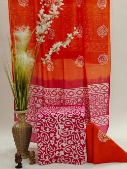 Orange and red batik print mumul dupatta suit