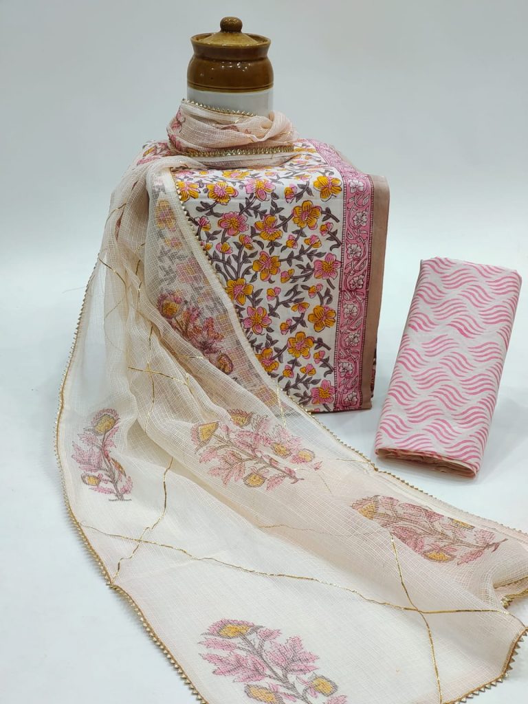 White pink Jaal pigment print kota doria work dupatta cotton suit