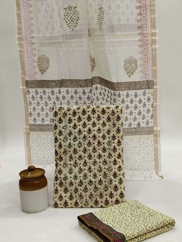 Tan bagru print neck embroidery work cotton suit with chanderi silk dupatta