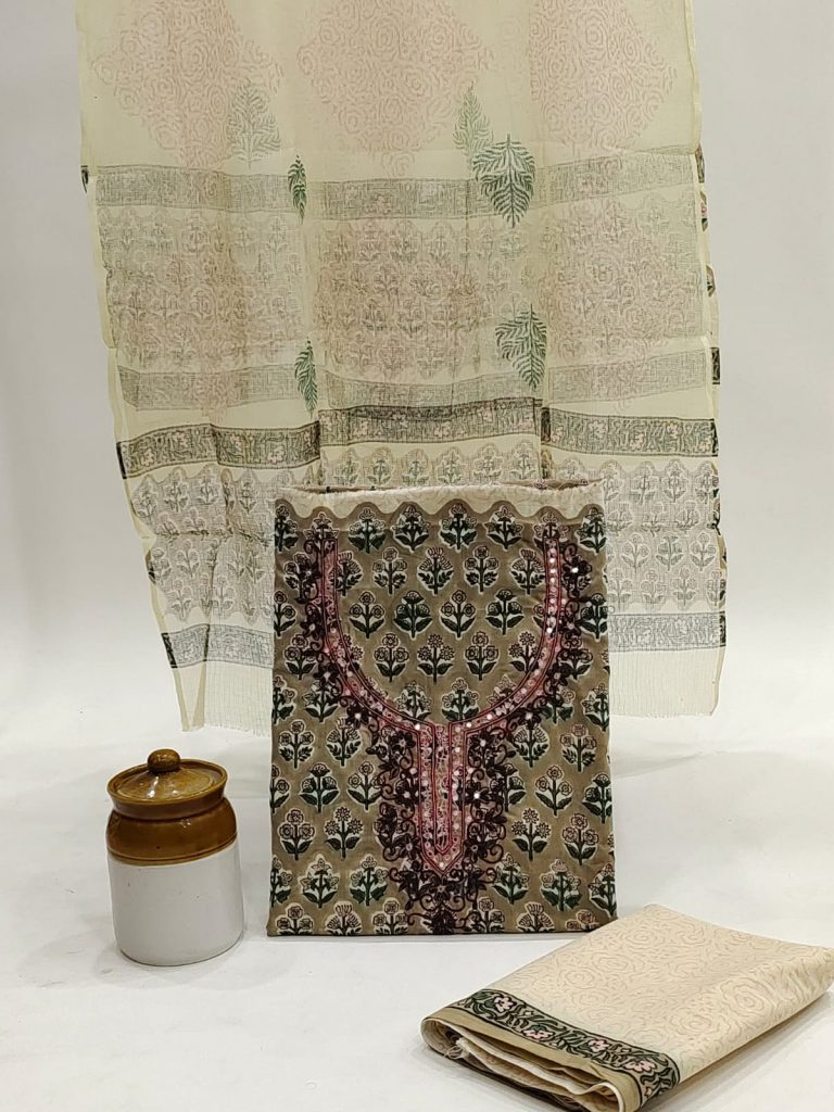 Copper green jaipuri print neck embroidery work cotton suit with chanderi silk dupatta