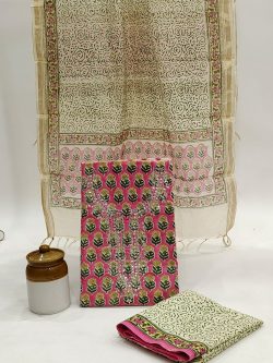 Pink jaipuri print embroidery work cotton suit with chanderi silk dupatta