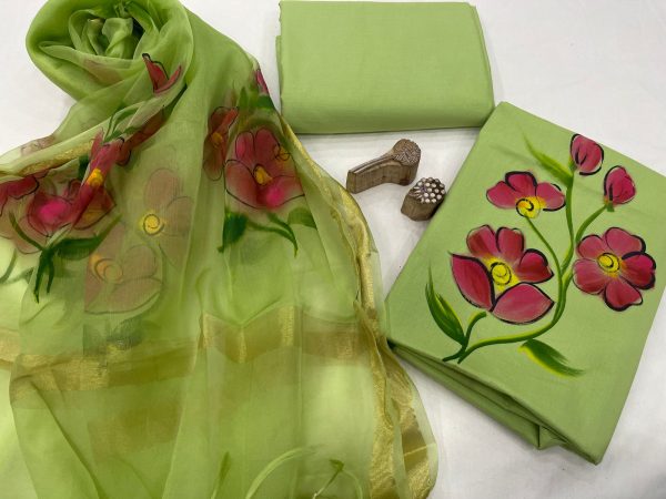 Green hand floral hand brush painted silk dupatta cotton suit