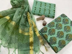 Jungle green sanganeri block print silk dupatta cotton suit