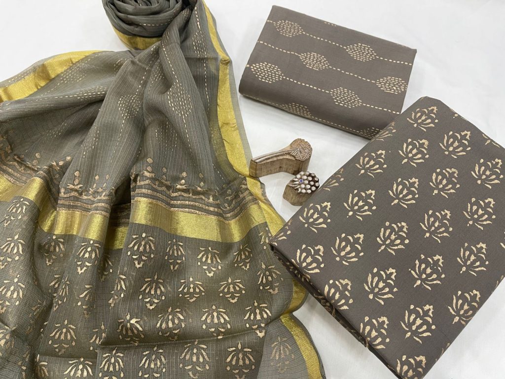 Taupe jaipuri golden block print cotton suit with kota silk dupatta