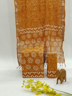Copper brown batik print linen dupatta cotton suit