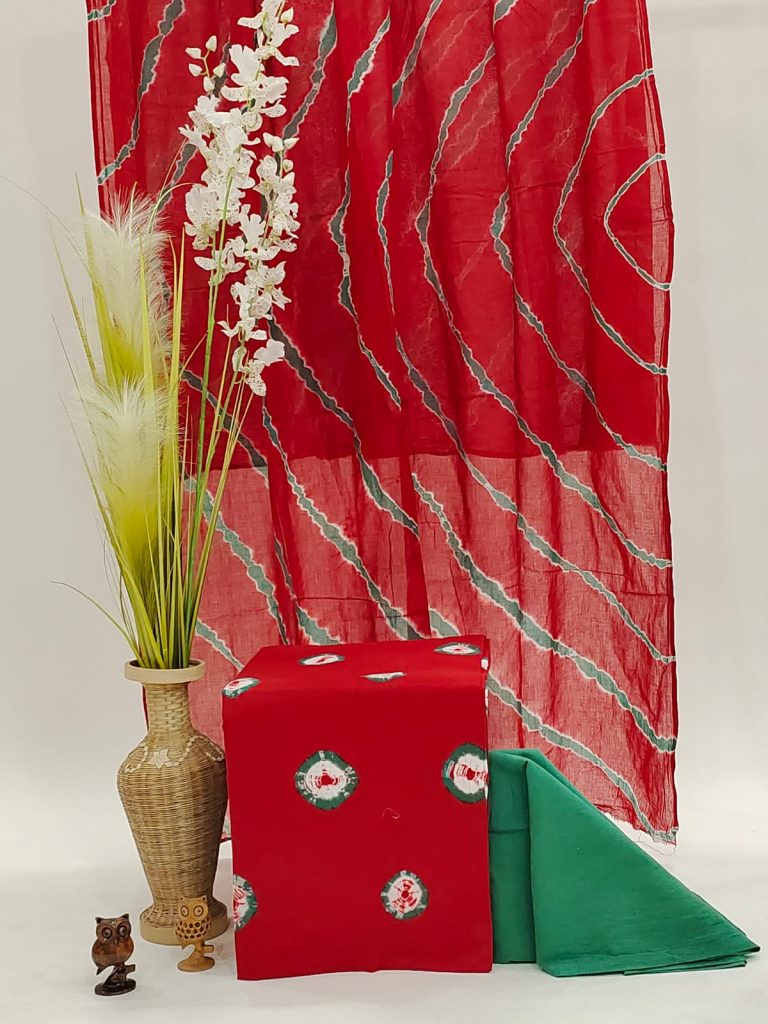 Red and green spoon  print mulmul dupatta suit