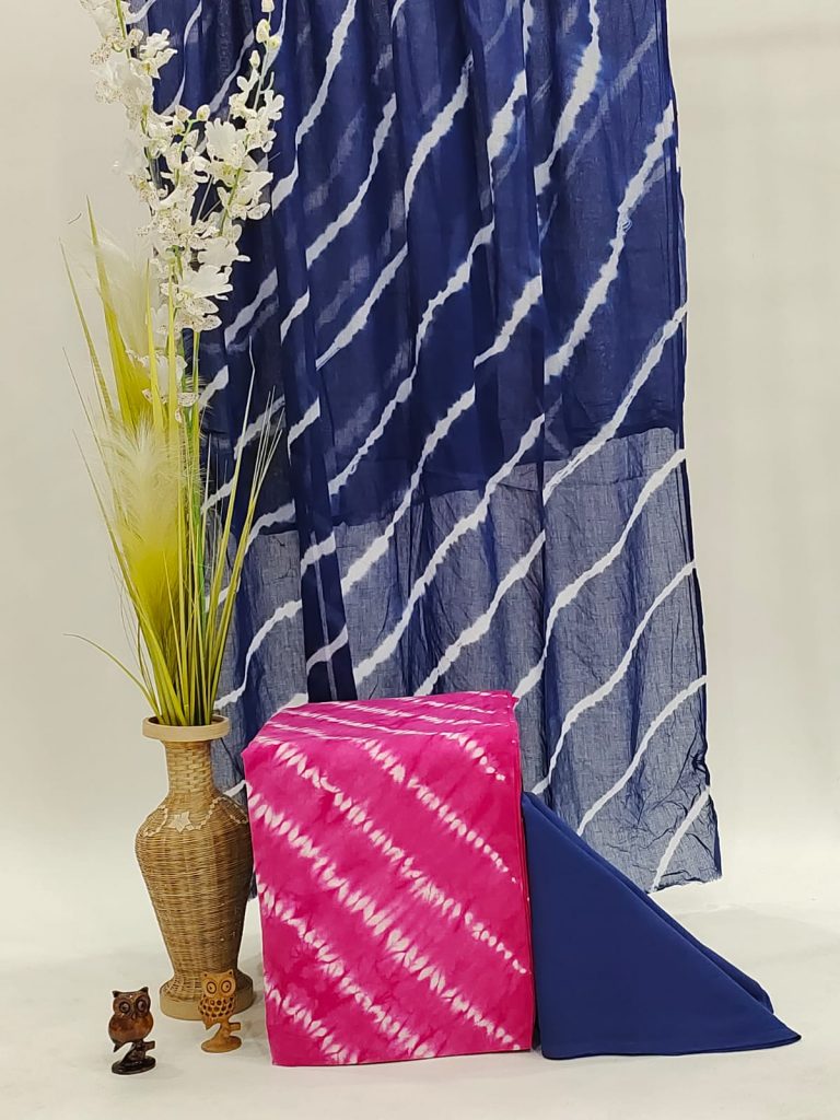 Rose and Prussian blue jaipuri shibori print  mulmul dupatta suit