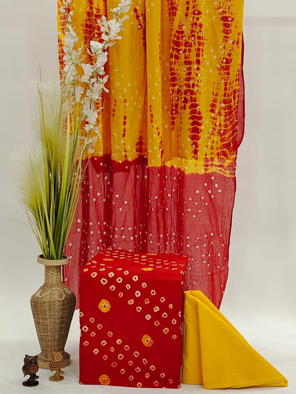 Yellow and red bhandej print  mulmul dupatta suit