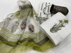 White and olive green mugal print cotton suit with kota doriya dupatta