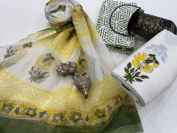 White and yellow green mugal print cotton suit with kota doriya dupatta