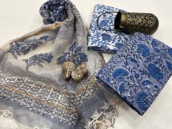 Gray and blue floral print cotton suit with kota doriya dupatta