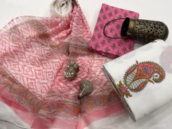 White and pink mugal print cotton suit with kota doriya dupatta