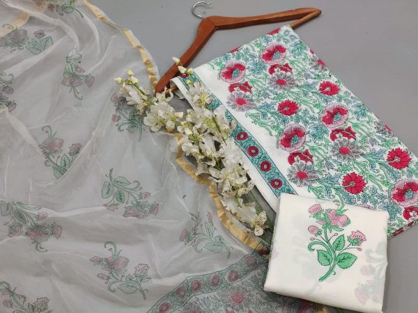 Organza dupatta hand block floral print cotton suit in green color