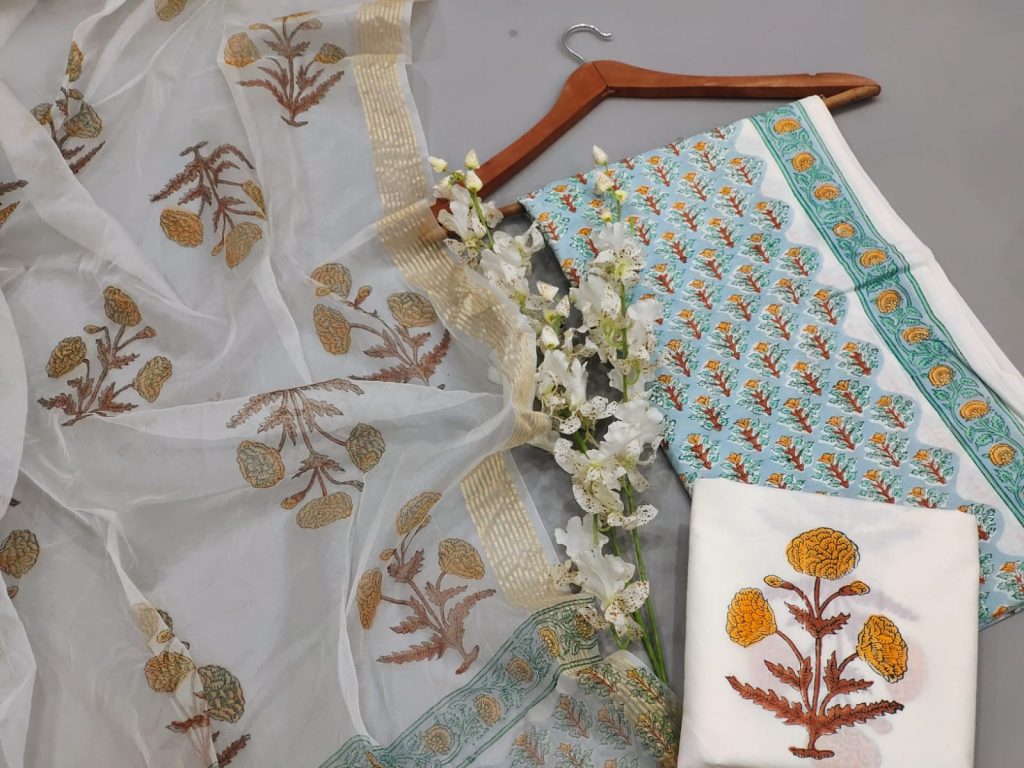 Mugal print Organza dupatta hand block print cotton suit in turqoise color