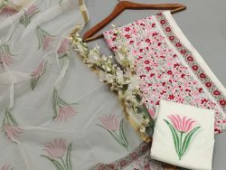 Floral brush paint Organza dupatta block print cotton suit in pink color