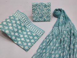 Discharge print Chiffon dupatta cotton suit in teal green color