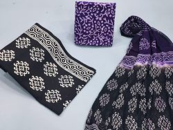 Hand block print Chiffon dupatta cotton suit in purple and black color