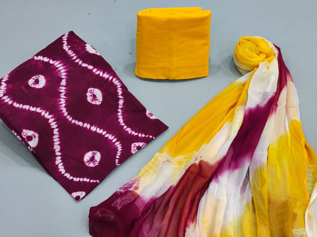 Shibori print Chiffon dupatta cotton suit in Byzantium purple and yellow color