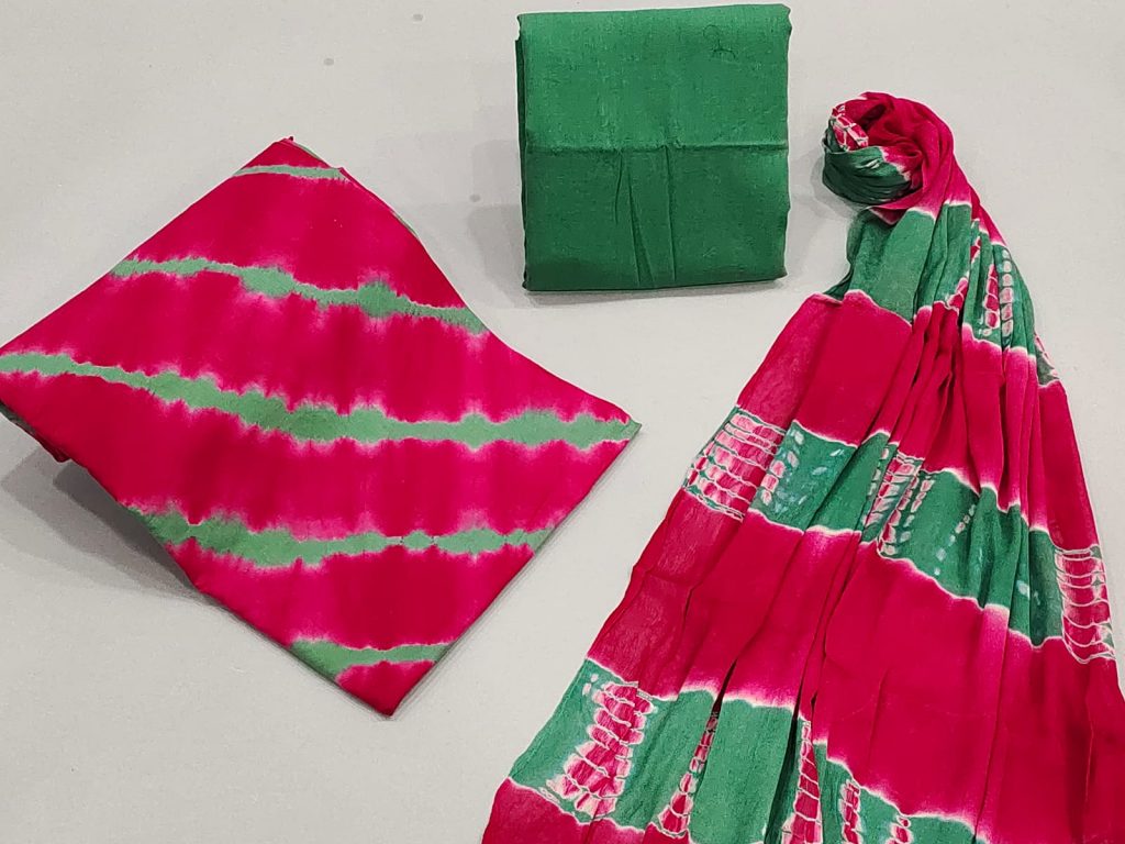 Shibori print Chiffon dupatta cotton suit in viridian green and ruby color