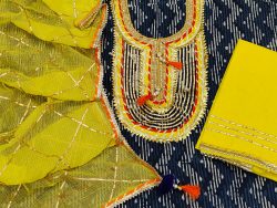 Natural indigo dabu print detailed gota embroidery cotton suit with yellow kota doria dupatta and tassels