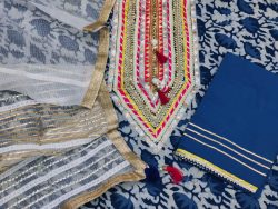 Natural indigo dabu persian blue color detailed gota embroidery cotton suit with kota doria dupatta and tassels
