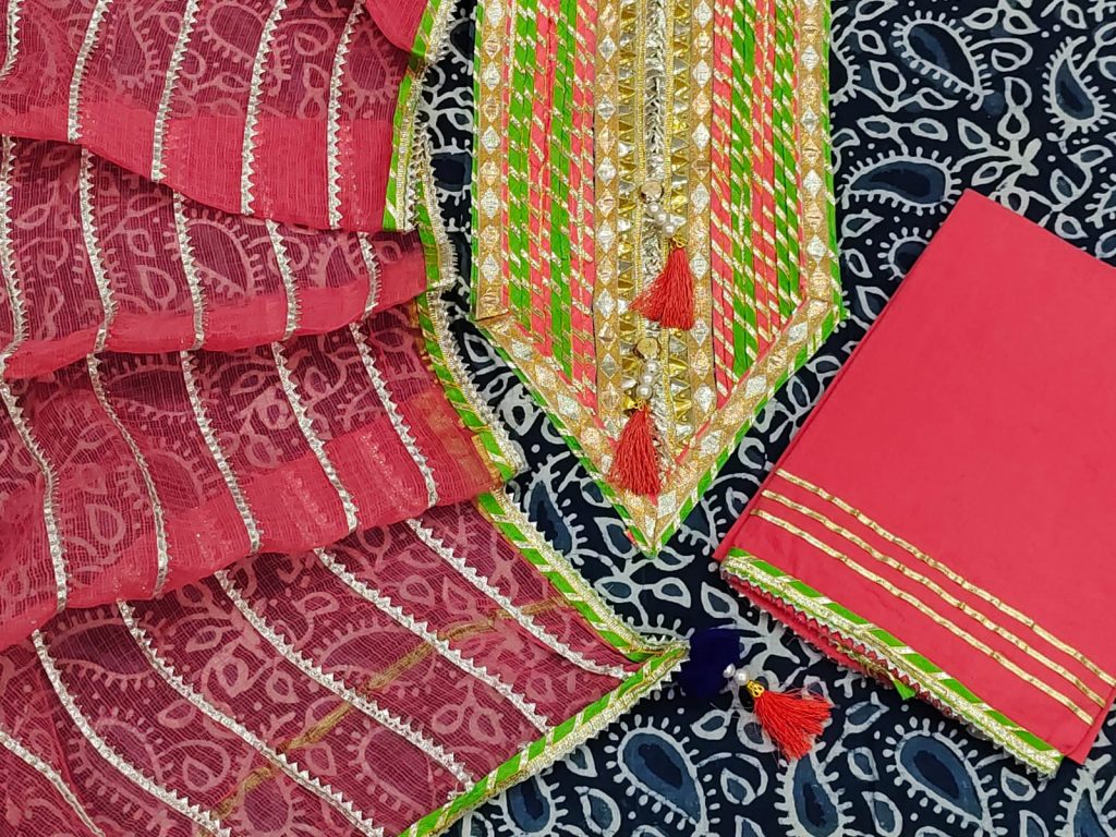 Indigo dabu and ruby color detailed gota embroidery cotton suit with kota doria dupatta and tassels