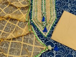Indigo dabu and orange detailed gota embroidery cotton suit with kota doria dupatta and tassels