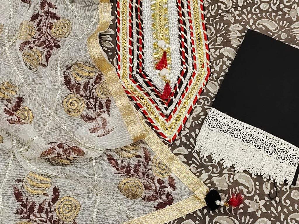 Taupe bagru dabu print detailed gota embroidery embroidery cotton suit with kota doria dupatta and tassels