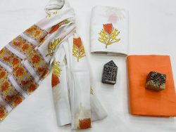 White and orange mugal print cotton dupatta suit