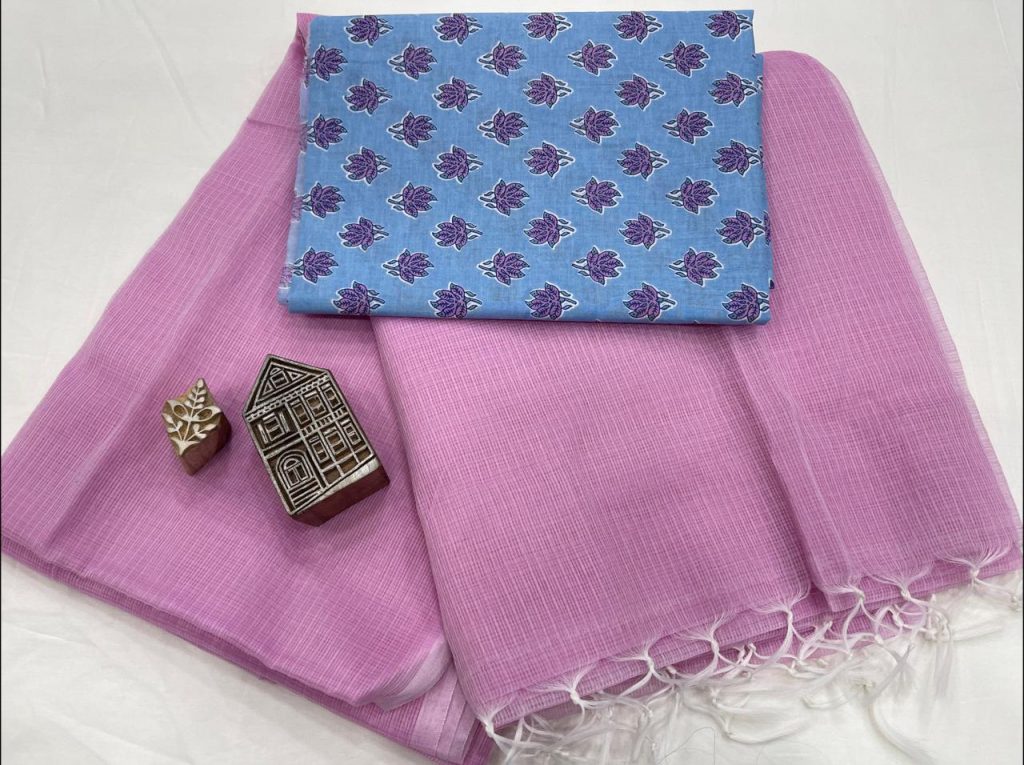 LIght red violet kota doria saree with printed blouse