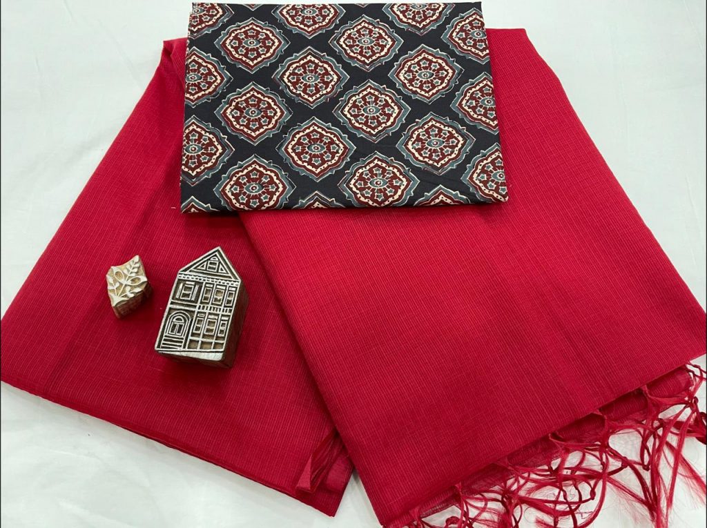 Maroon kota doria saree with printed blouse