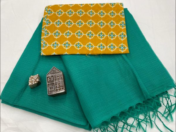 Teal kota doria saree with printed blouse