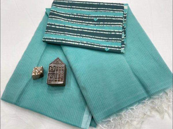 Turquoise kota doria saree with printed blouse