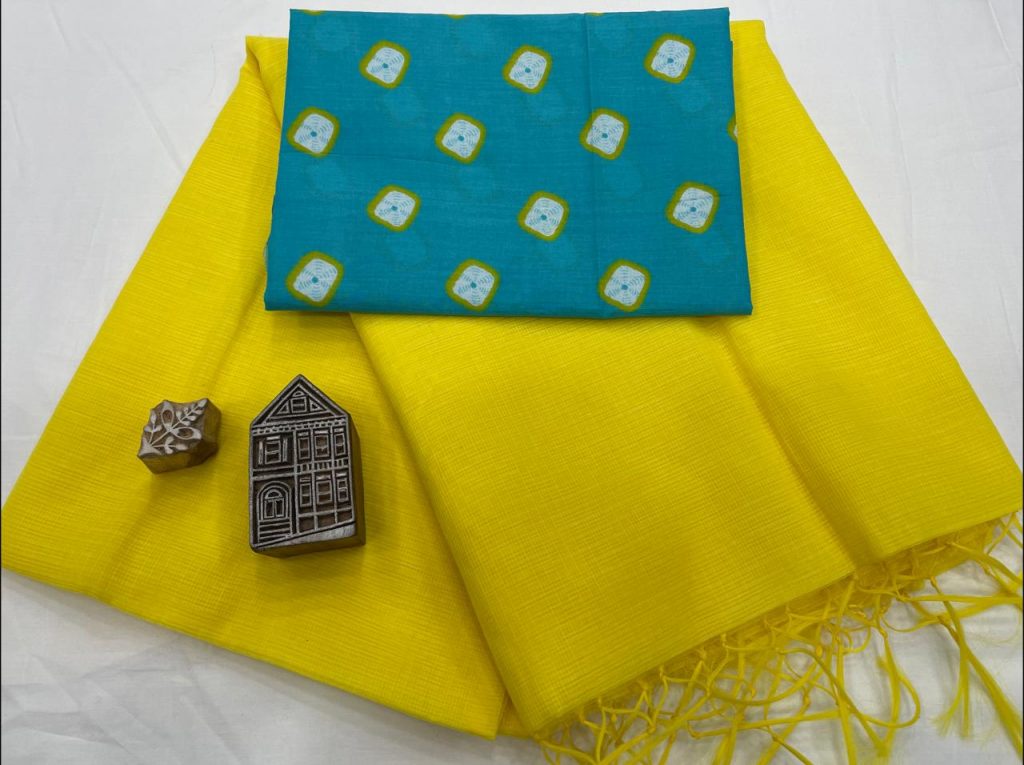 Yellow kota doria saree with printed blouse