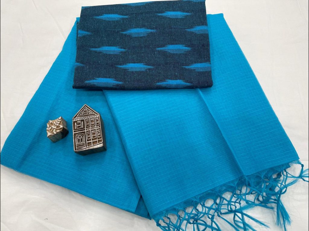 Azure kota doria saree with printed blouse