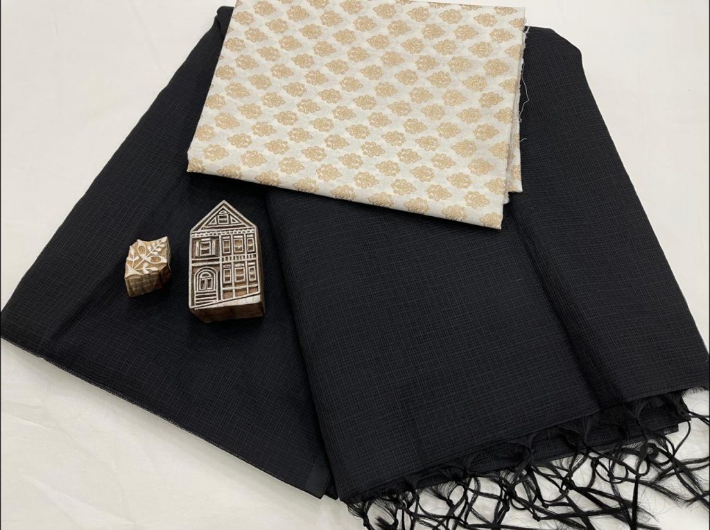 Black kota doria saree with printed blouse