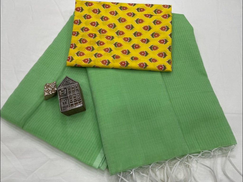 Green kota doria saree with printed blouse