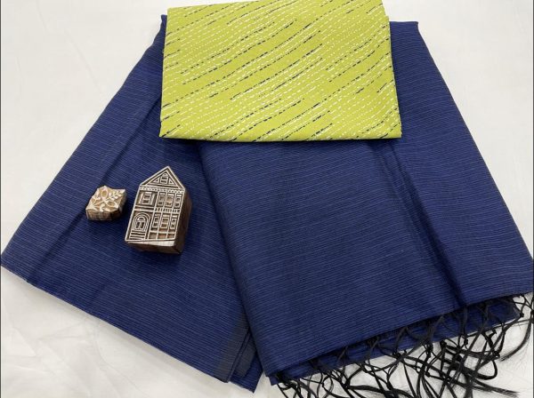Indigo blue kota doria saree with printed blouse