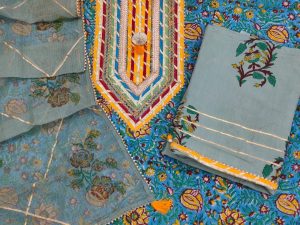 Sky blue and gray jaipuri gad print gota embroidery suit with kota doria dupatta