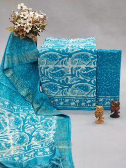 Baby blue dabu print cotton suit with chanderi dupatta