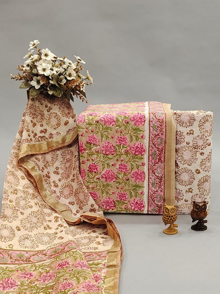 Copper brown floral print cotton suit with chanderi dupatta