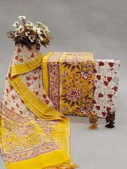 Yellow gad print cotton suit with chanderi dupatta