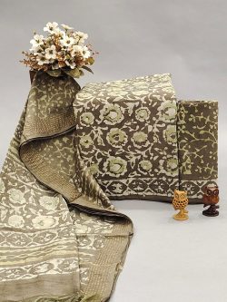 Olive brown dabu print cotton suit with chanderi dupatta