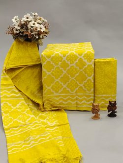 Yellow dabu print cotton suit with chanderi dupatta