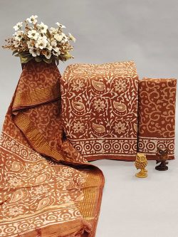 Dark brown dabu print cotton suit with chanderi dupatta
